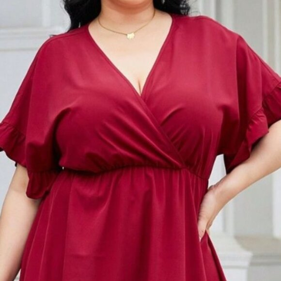 Plus Size Ruched Surplice Flounce Sleeve Mini Dress - Picture 5 of 10